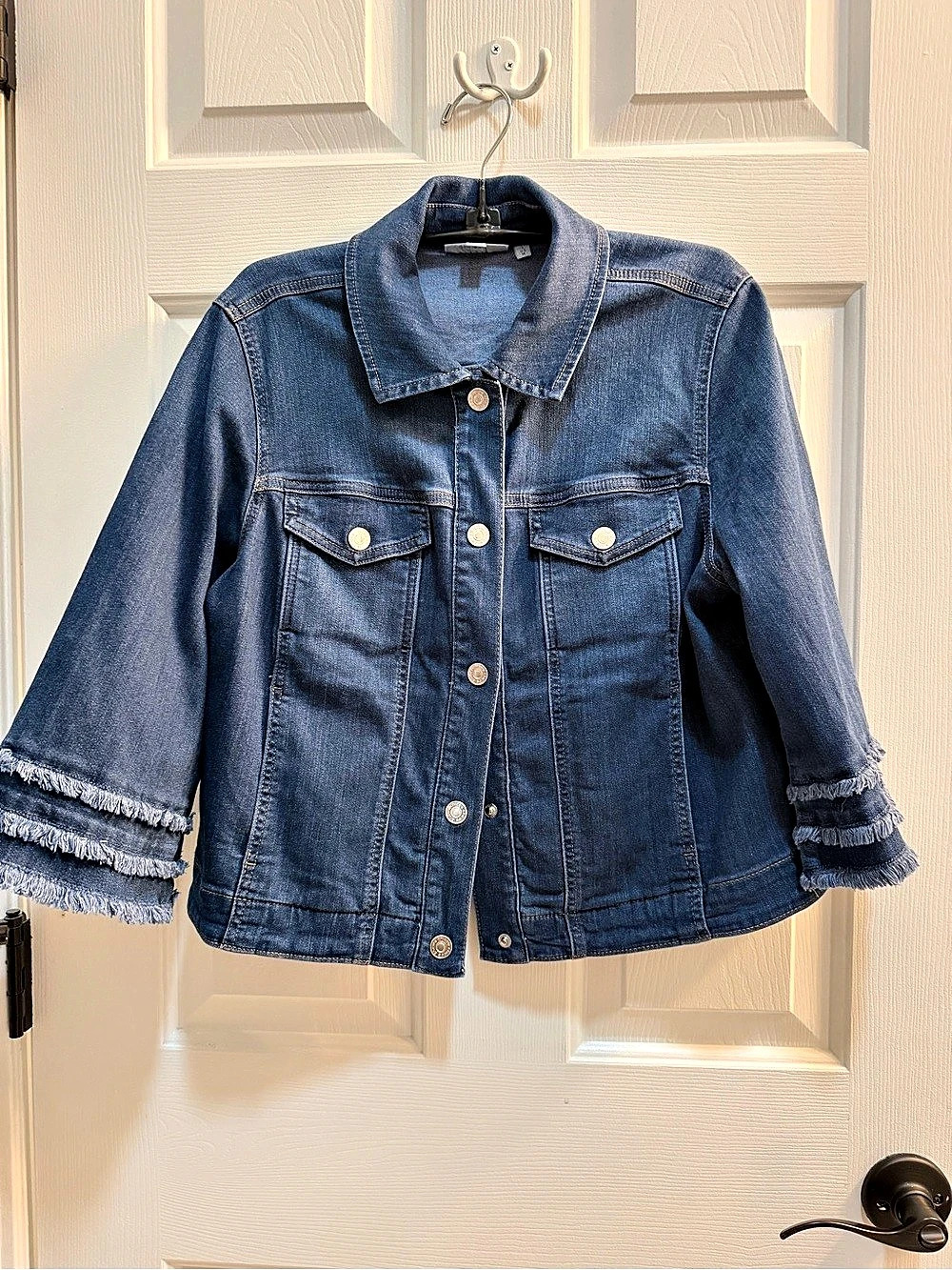 Chico's Cropped Denim Jean Jacket Blue Medium with Triple Frayed Sleeve